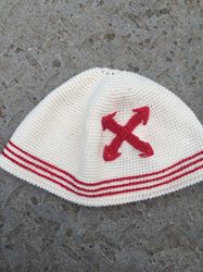 Unique embroidery short crochet cotton skullcap hat ivory red kufi hat by ibtisama