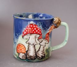 Beautiful tea coffee cup Snail and amanita ,Surprise mug ,Mushroom cup, Blue green crystalline glaze, Retro Style mug, Handmade Ceramic Mug ,snail figurine, colorful mug Nature lover gift, beautiful mug Cool gift designer mug