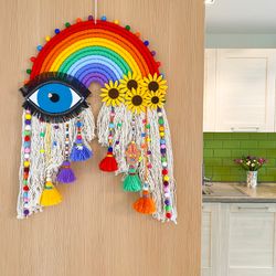 Large macrame rainbow wall hanging, Evil eye and hamsa hand charm, Colorful boho decor, Hippie sunflower, Unique gift