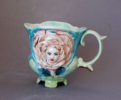 Handmade art mug ,Talking Flowers ,Rose Alice in Wonderland ,Flower Face mug, Fairy figurine cup ,Wonderland Decor, Sculpture mug ,Best friend gift .Beautiful ceramic cup Unusual exclusive handmade mug Porcelain art