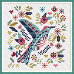 Primitive Sampler Scandinavian Bird Cross Stitch Pattern Nordic Style Embroidery Digital PDF File Instant Download #174