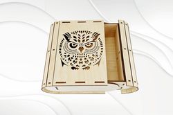 Jewelry box owl pattern, vector template for laser cut. Glowofrge svg, ready use cut file. Design for cutting laser.