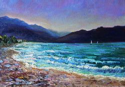 Sailboat Painting Oil Seascape Original Art Beach Canvas Art Nautical Artwork