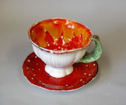 Ceramic tea set Fly agaric Handmade red mushroom white polka ceramic cup saucer Unusual tea or coffee set in the form