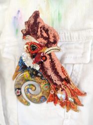 Iridescent large embroidered brooch Fairy rooster, with a vintage glass pendant