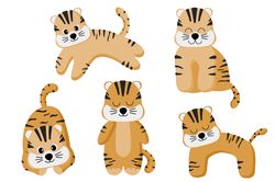 Cute set with little tiger cubs. A collection of digital illustrations for design, printing, posters, stickers and more