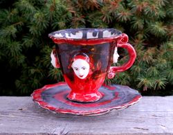 Unique handmade cup and saucer,Tea set , Face mug, Mood sculpture cup, Emotion figurine, Surrealism Ceramic,shades of red art mug Handmade cup ,Glaze Drips, Porcelain coffee mug. exclusive handmade gift