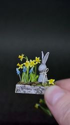 Dollhouse 1:12 miniature composition with daffodils, Miniature Easter composition with rabbit, Miniature flower arrangement, Doll composition with muscari flowers, Miniature flowers for dolls