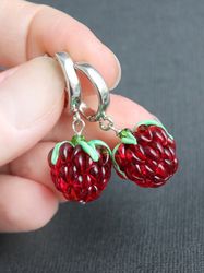 Red raspberry earrings, glass raspberry drop earrings, food earrings, fruit earrings
