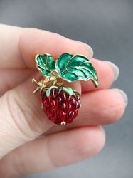 Red raspberry brooch womens fruit brooch, lampwork glass berry jewelry, food jewelry