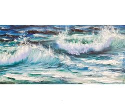 Ocean Painting Waves Original Artwork Oil Painting on Canvas 16 by 32 inch