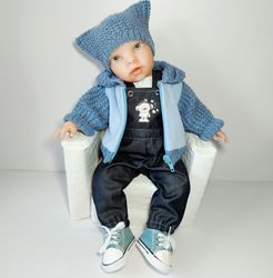 Cool knit suit for reborn baby doll 17in-44cm. Set of knitted clothes for baby born 40-46 cm.