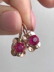 Vintage 14K Earrings «Violets» USSR 583 Rose Gold with star ruby corundum stone Soviet Retro Russian Women's jewelry gift for woman and girl