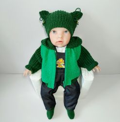 Cool knit suit for reborn baby doll 44 cm-17in. Set of knitted clothes for baby born 17 inches.