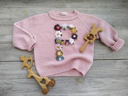 Knitted sweater with baby name. Custom personalized handmade cotton & wool sweater with flower embroidery for kids girls