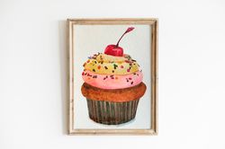 Cupcake painting - Hand made decorative,original watercolor painting,wall art