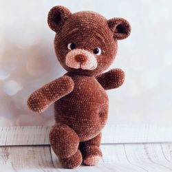 Teddy bear knitted from brown velour. Soft toy for a child over three years old. Brown teddy bear. Daughter's coming of age gift.