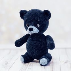Knitted teddy bear dark blue. Soft toy knitted using amigurumi technique. Toy gift. Plush gift.