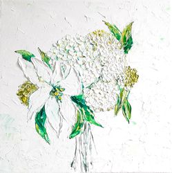 hydrangea painting lily original art impasto oil painting white abstract flowers square canvas floral artwork bouquet by Irina Jouk