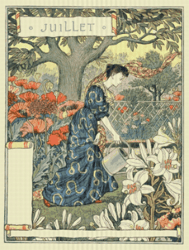 PDF Counted Vintage Cross Stitch Pattern | Garden Calendar for July | Female Gardener | 1800s | 5 Sizes