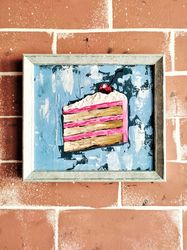 Cake Painting Cherry Cake Original Painting Textured Cake Piece Painting Kitchen Wall Art Restaurant Art Kitchen decor