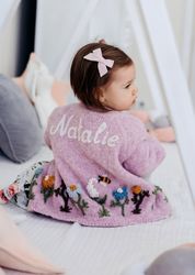 Custom personalized cardigan with baby name. Handmade knit sweater with buttons with flower embroidery for kids & girls