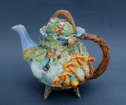 Forest teapot, Mushrooms figurines ,Botanical ceramics, Oak leaves, acorns, Ladybug,Spider ,handmade, Forest fairy tale