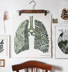 Watercolor print "BREATHE", green lungs illustration