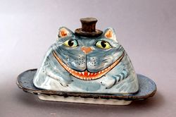 Cheshire Cat food storage ,Handmade Ceramic Butter Dish, Cat smile Alice in Wonderland, funny cat hat, Sculpture
