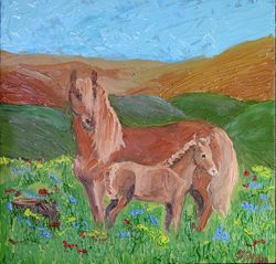 Original Oil Painting Horse with Cub Oil Impasto Small Artwork 12 by 12 by NadyaLerm