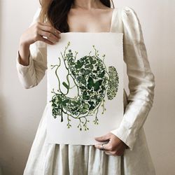 Watercolor poster BUTTERFLIES IN STOMACH, green stomach illustration