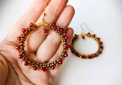 Hoop earrings with red faceted beads beaded round earrings seedbead  earrings boho jewelry