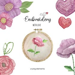 Watercolor embroidery clipart with round hoop and flowers