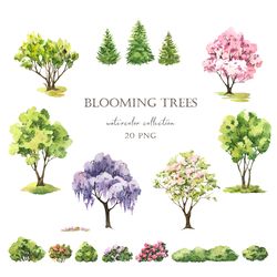 Blooming trees watercolor clipart, Spring Summer nature clip art, Landscape scene creator Digital files PNG