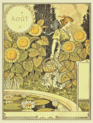 PDF Counted Vintage Cross Stitch Pattern | Garden Calendar for August 1896 | Female Gardener | Sunflowers | 5 Sizes