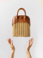 Luxury summer straw wicker bag with leather handles