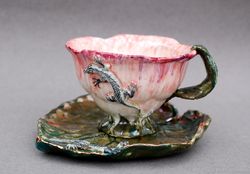 Flower Shape Cup ,Leaf saucer, Lizards ,Tea coffee cup and saucer set ,Botanical porcelain ,Pink flower ,handmade