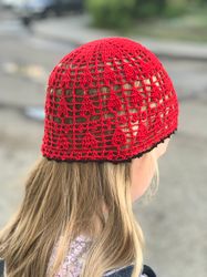 Summer crochet cotton red bucket beanie skullcap hat with heart made to order