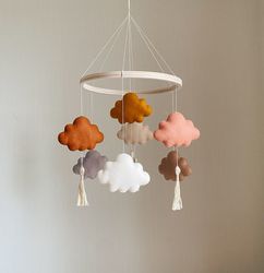 Boho baby mobile- seven clouds and macrame brushes- nursery decor