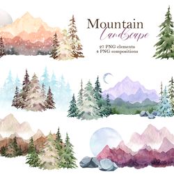 Mountain landscape watercolor clipart, Conifer, Spruce tree PNG, Nature scene creator