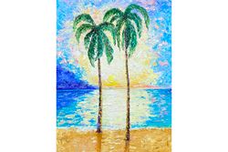 Palm tree painting sunset original art impasto oil painting tropical ocean seascape artwork Hawaii beach