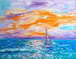 ocean painting sunset original art impasto oil painting sailboat seascape artwork coastal yacht wave canvas colorful