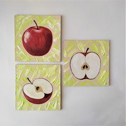 Apple Painting Wall Art Apple Painting Impasto Aesthetic Kitchen Wall Decor Red Apple Set of 3 Framed Paintings