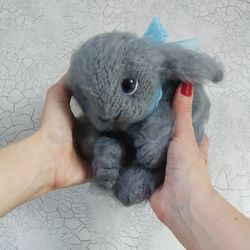 soft realistic bunny, soft fat rabbit fluffy toy gray bunny, knitted plush rabbit, fluffy stuffed rabbit with bow
