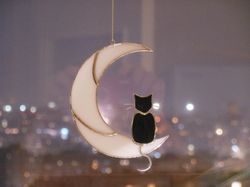 Black Cat On Moon. Art stained glass window hanging Suncatcher, Gift for animal lover, pet loss memorial, outdoor decor
