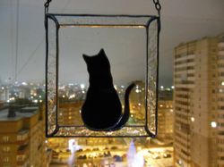 Black Cat in Frame Stained glass window hanging Suncatcher, Gift for animal lover pet loss memorial garden outdoor decor