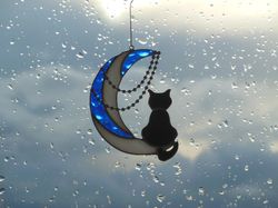 Black Cat On The Moon with Chains. Art stained glass window hanging Suncatcher. Gift for animal lover, pet loss memorial