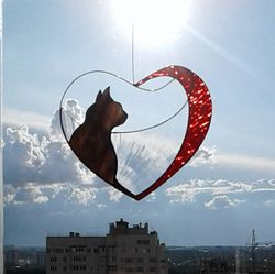 Cat in Red Heart . Art stained glass window hanging Suncatcher, Gift for animal lover, pet loss memorial, outdoor decor