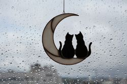 2 Black Cats On The Moon. Stained glass window hanging Suncatcher Gift for animal lover, pet loss memorial outdoor decor