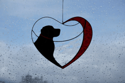 Dog Black Retriever Labrador in Red Heart. Art Stained glass window hanging Suncatcher. Gift outdoor pet loss memorial.